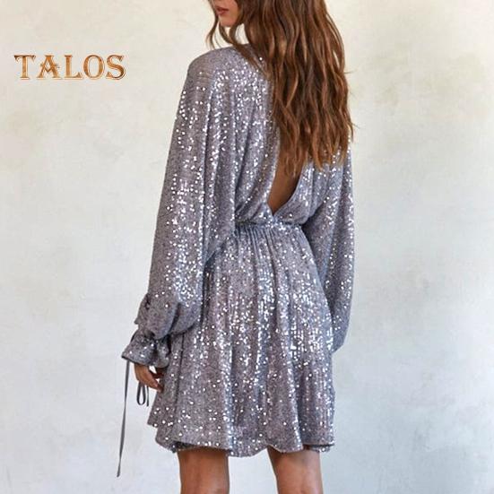 Lady Club Party Dress Deep V Neck Shimmering Sequin Loose Solid Color Long Sleeve Bow Lace-up Strap Slimming Look Mini Dress