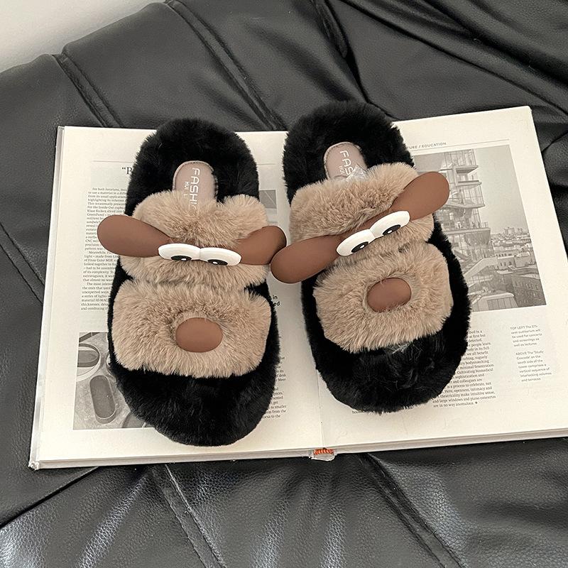 Fashion Versatile Cute Cartoon Soft Cotton Plush Slippers Women's 2025 Autumn and Winter New Outer Wear Fluffy Slippers