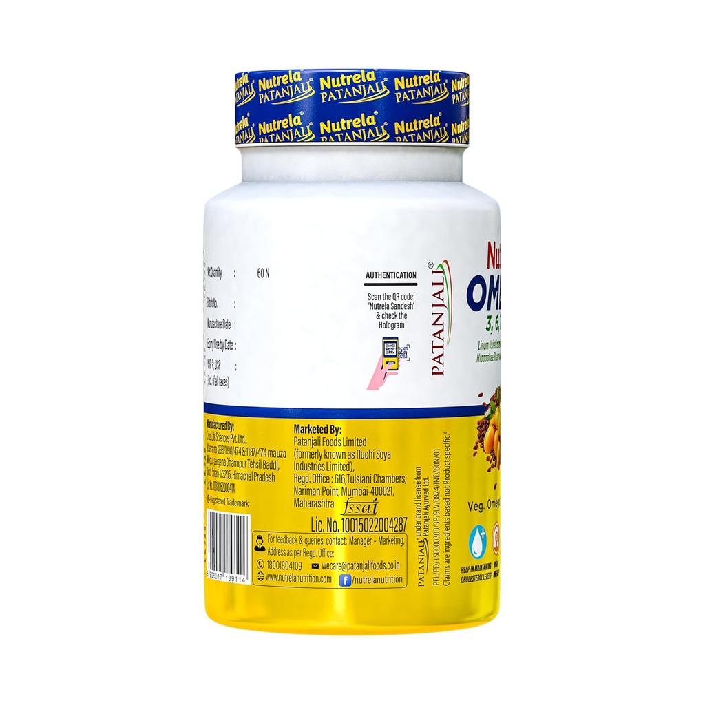 Nutrela Patanjali Omega 3 6 7 9 Vegetarian Softgels Pack of 60 Capsules for Heart Skin Wellness