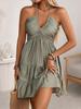 2025 Summer European & American Style Women's Spaghetti Strap V-neck Ruffle Patchwork Off-the-Shoulder Dress
