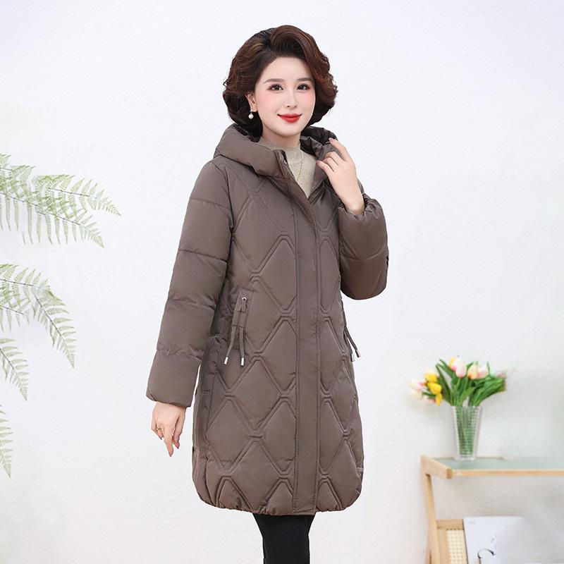 Mittelalte Damen Mütter tragen knielange, baumwollgepolsterte Jacke, dicker, westlicher, lockerer Baumwollmantel in Übergröße, baumwollgepolsterte Jacke Winter