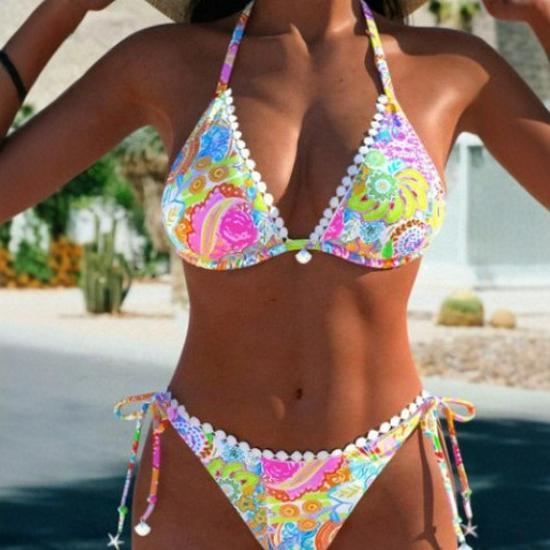 European & American Sexy Tie-Up Print Bikini Set