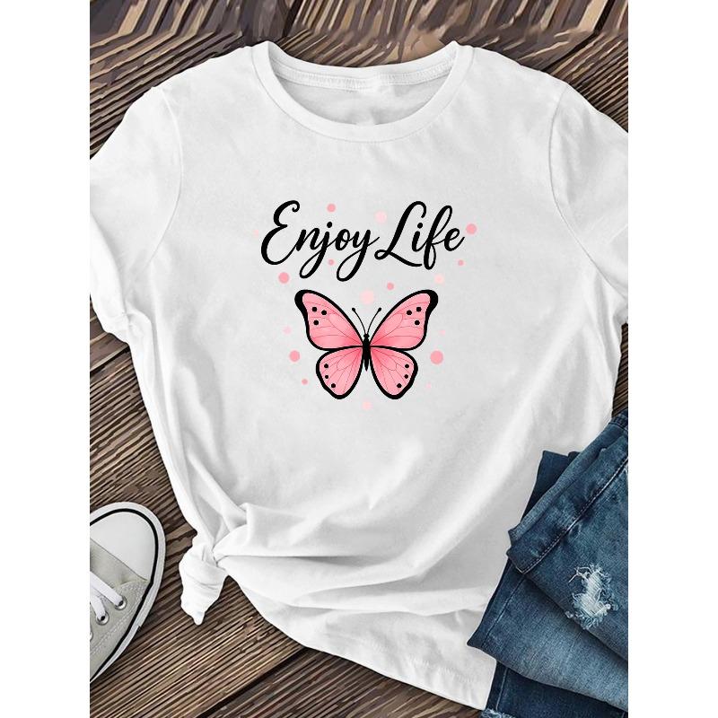 Women "Enjoy Life" Butterfly Print T-Shirt Round Neck Short Sleeve Casual Summer Daily Versatile Top