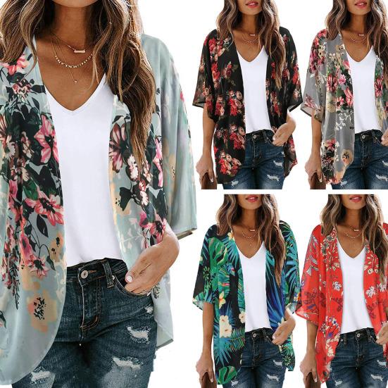 Women Beach Shirt Flower Print Thin Soft Short Sleeve Open Stitch Loose Breathable Sun Protection Anti-UV Lady Beach Cover-up