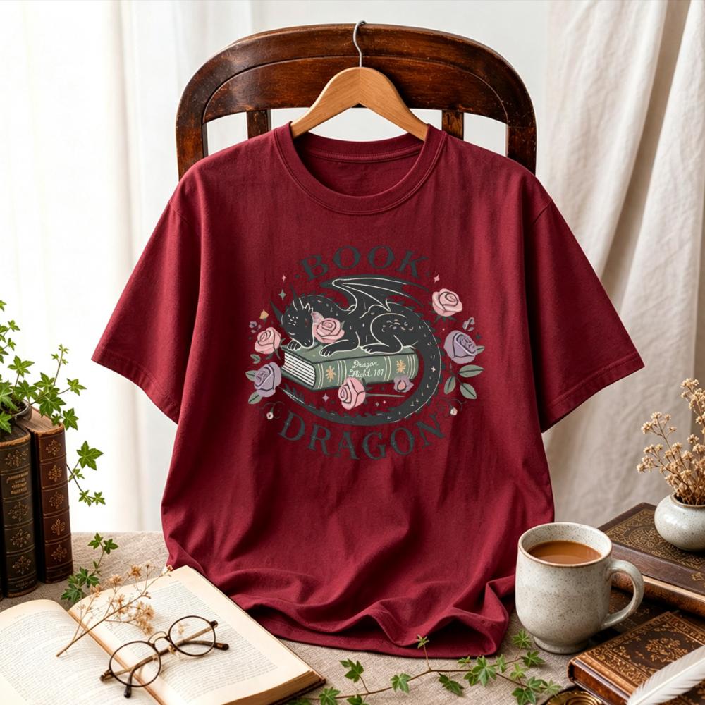 Unisex Cotton Book Dragon TShirt Vintage Fantasy RoUnisexce Reader Gift Cute Stars Floral Wreath Design Dark Academia Novel Lover