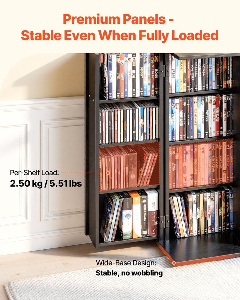 Media Storage Cabinet, 4-Tier DVD Shelf Organizer, 610 X 368 X 846 Mm Multimedia Storage Organizer for CDs, DVDs, Books, Games, CD Shelf for Living