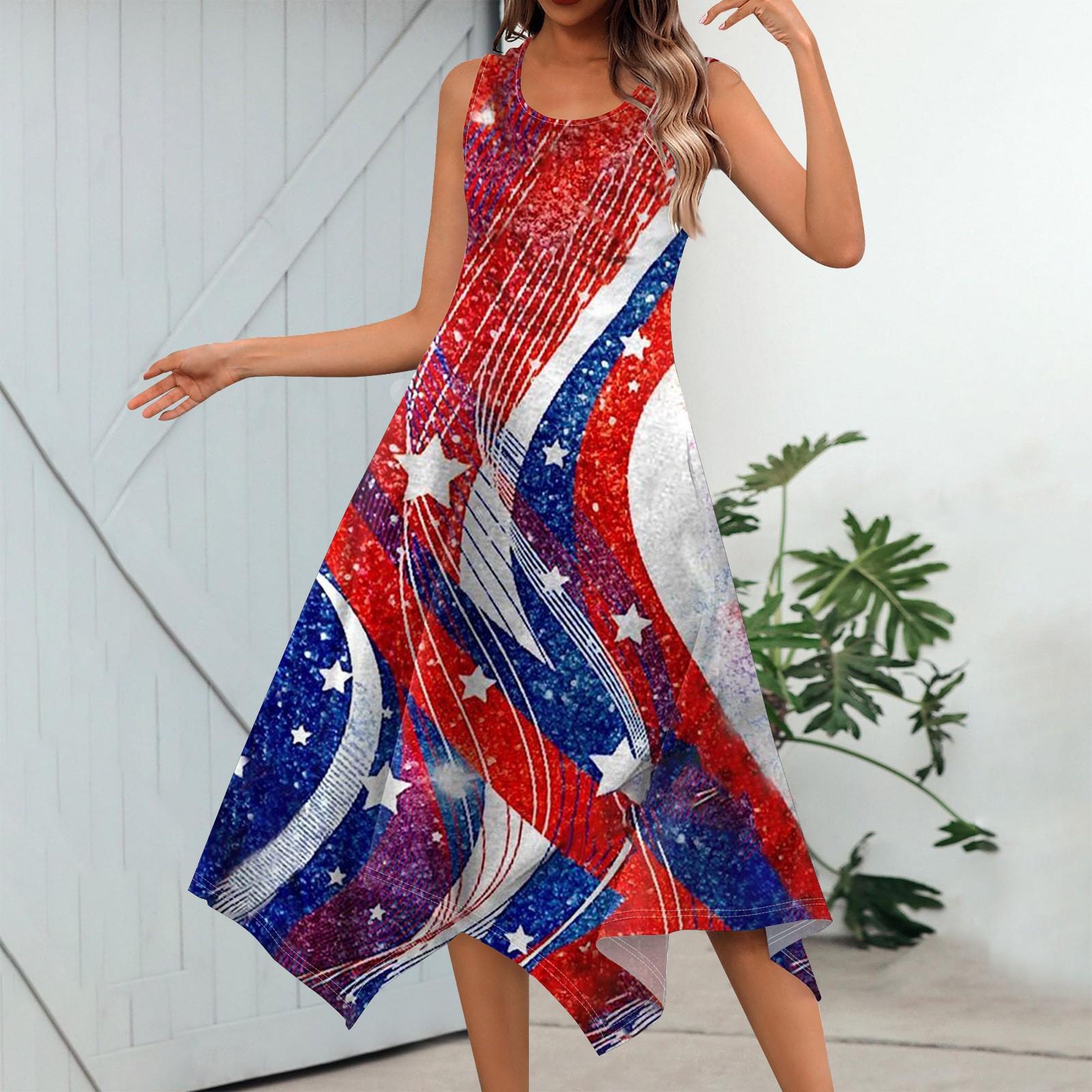 Women s Sleeveless Casual Tank Dress Mid-Length Irregular Hemline Summer Dress with Independence Day Print XL
