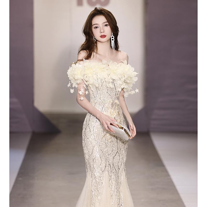 Fishtail Evening Dress Skirt 1011 One-word Shoulder High-end Light Luxury Niche Haute Couture Senior Host Sequins Annual Dinner Flash