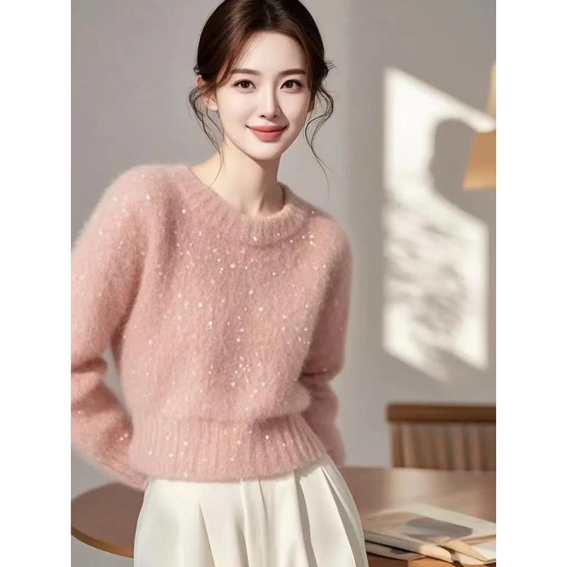 Solid Color Pullover Sequined Sweater for Women Autumn and Winter Fashionable Versatile Round Neck Top
