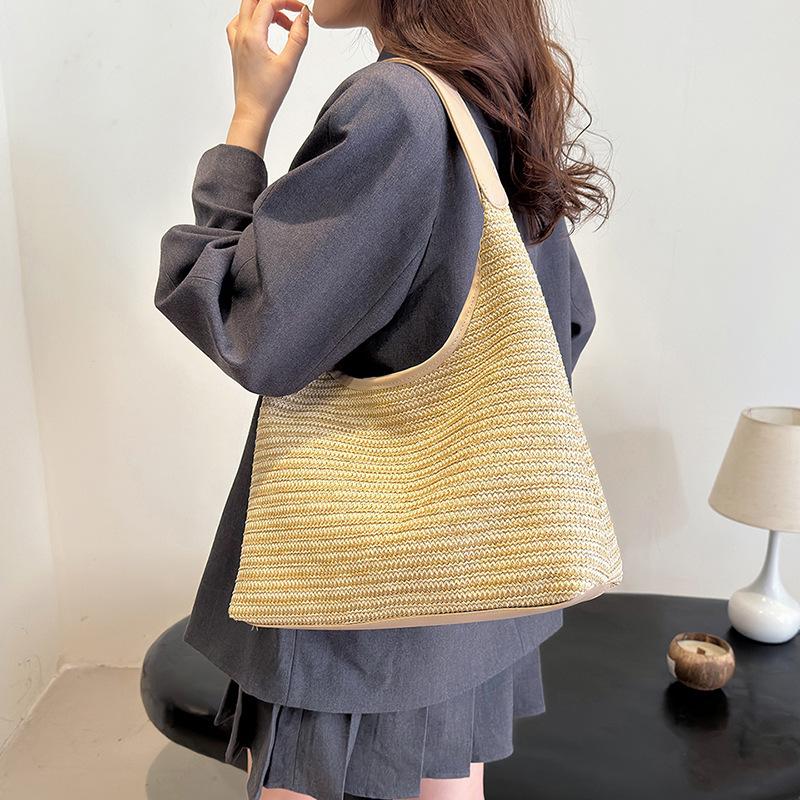 Dopamine Bag Rainbow Strip Summer Woven Straw Bag Shoulder Tote Bag Large Capacity Beach Vacation Armpit Bag