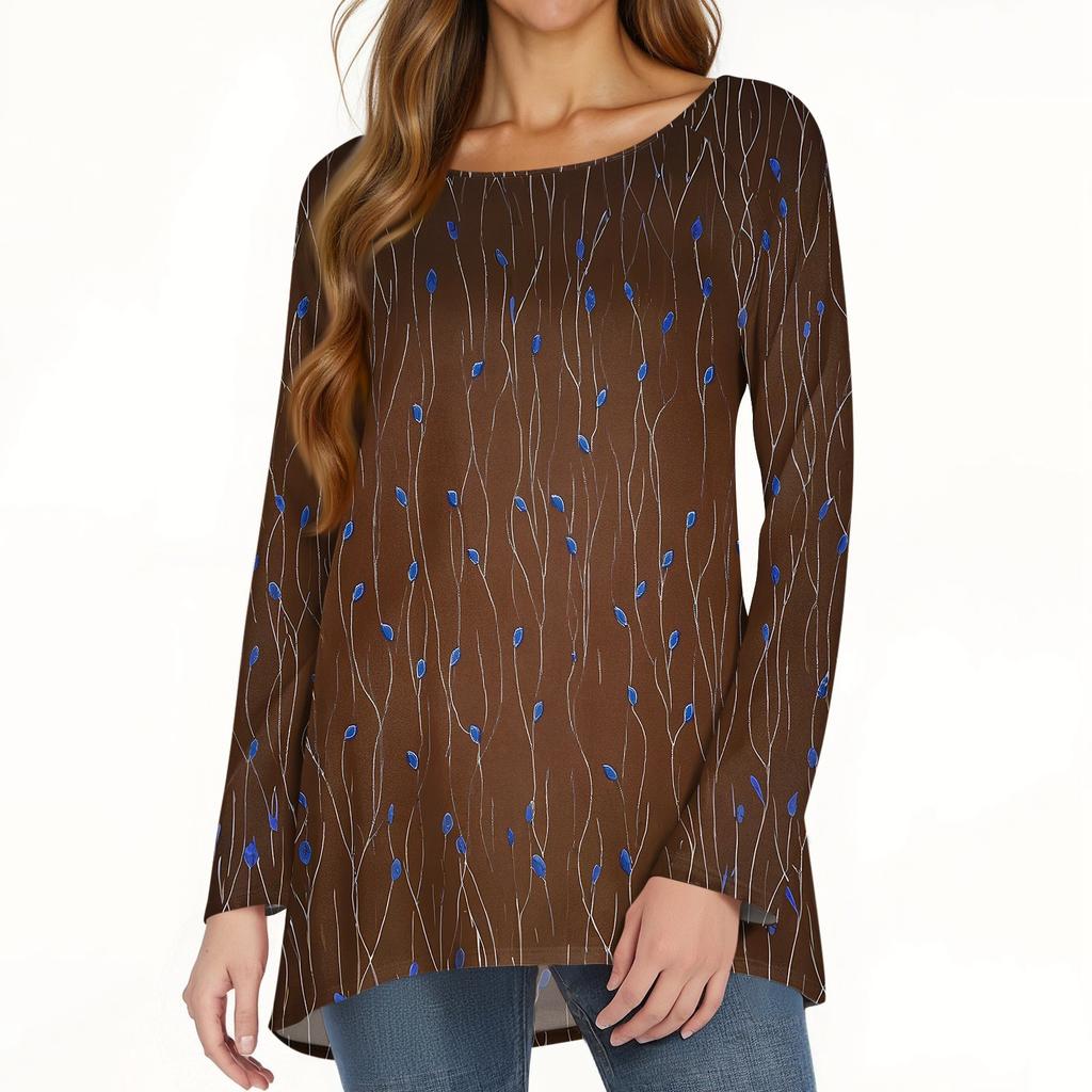 Women's Fashion Casual Long Sleeve Print Round Neck Pullover Top Blouse