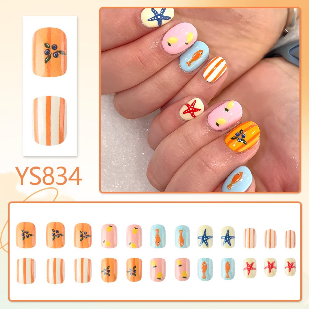 24-Piece Glossy Cartoon Nails – Summer Starfish & Fish Design