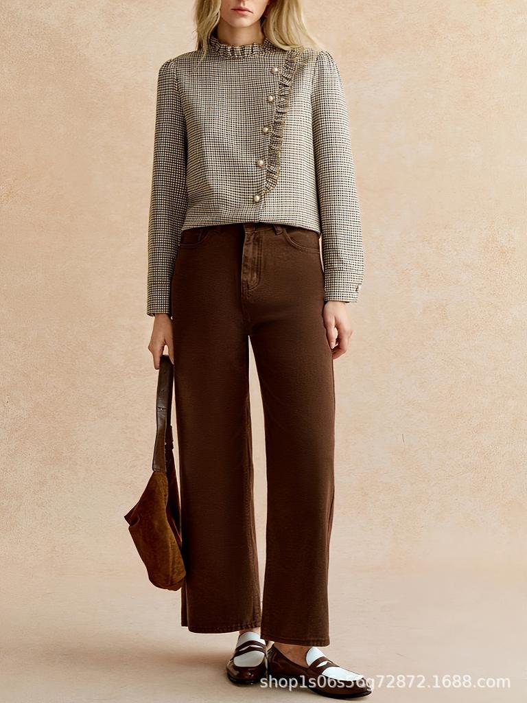Houndstooth Ruffle Stand Collar Side-Opening Shirt for Commuting and Parties
