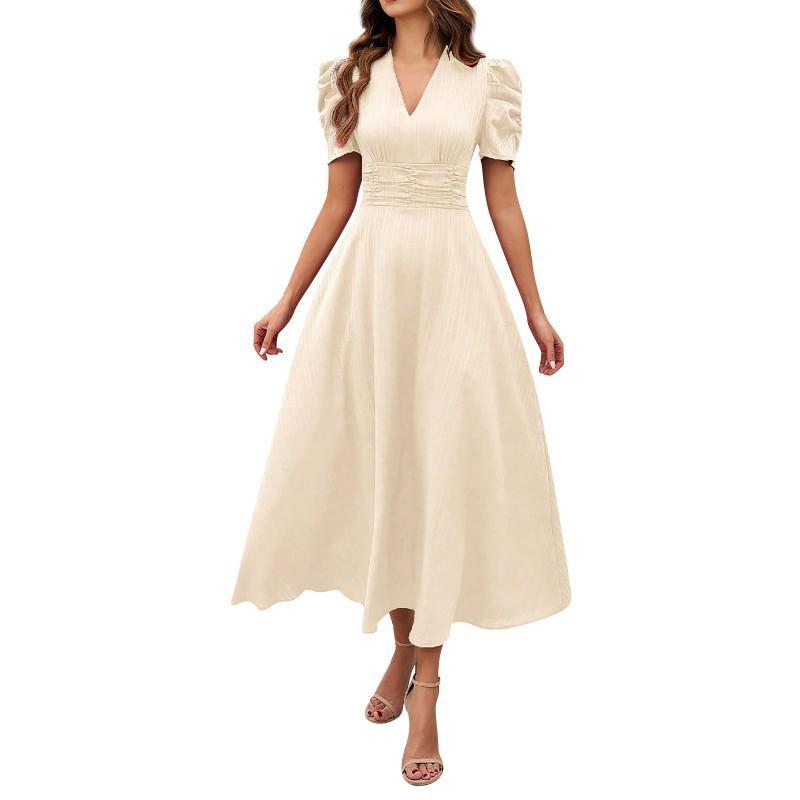 2026 Women's Fashionable Temperament High-waist Solid Color Waist-closing Short-sleeved Dress