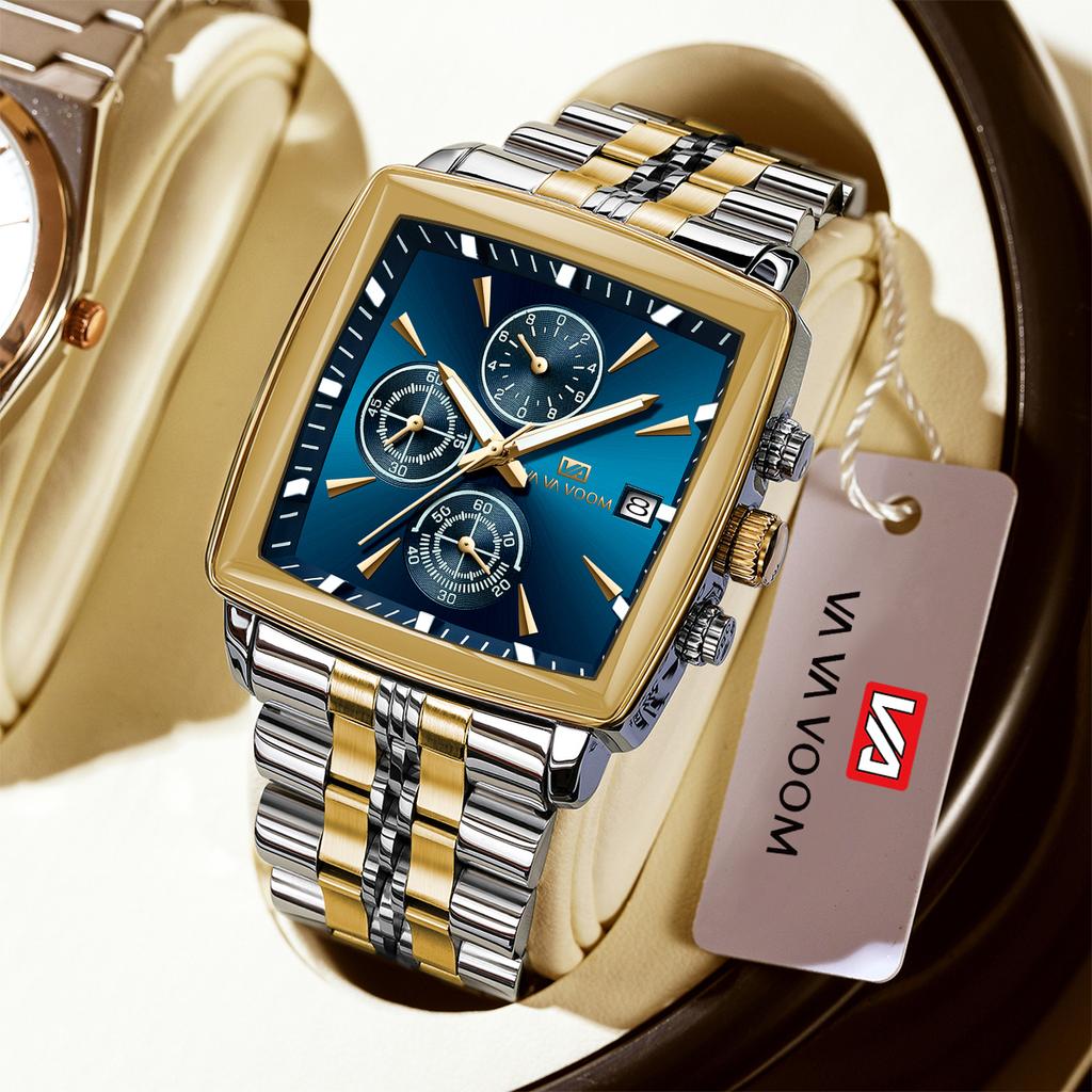 VA VA VOOM Quartz Watch Men Original Design Multi Functional Timing Black Steel Strap Timing Business Watch Clock