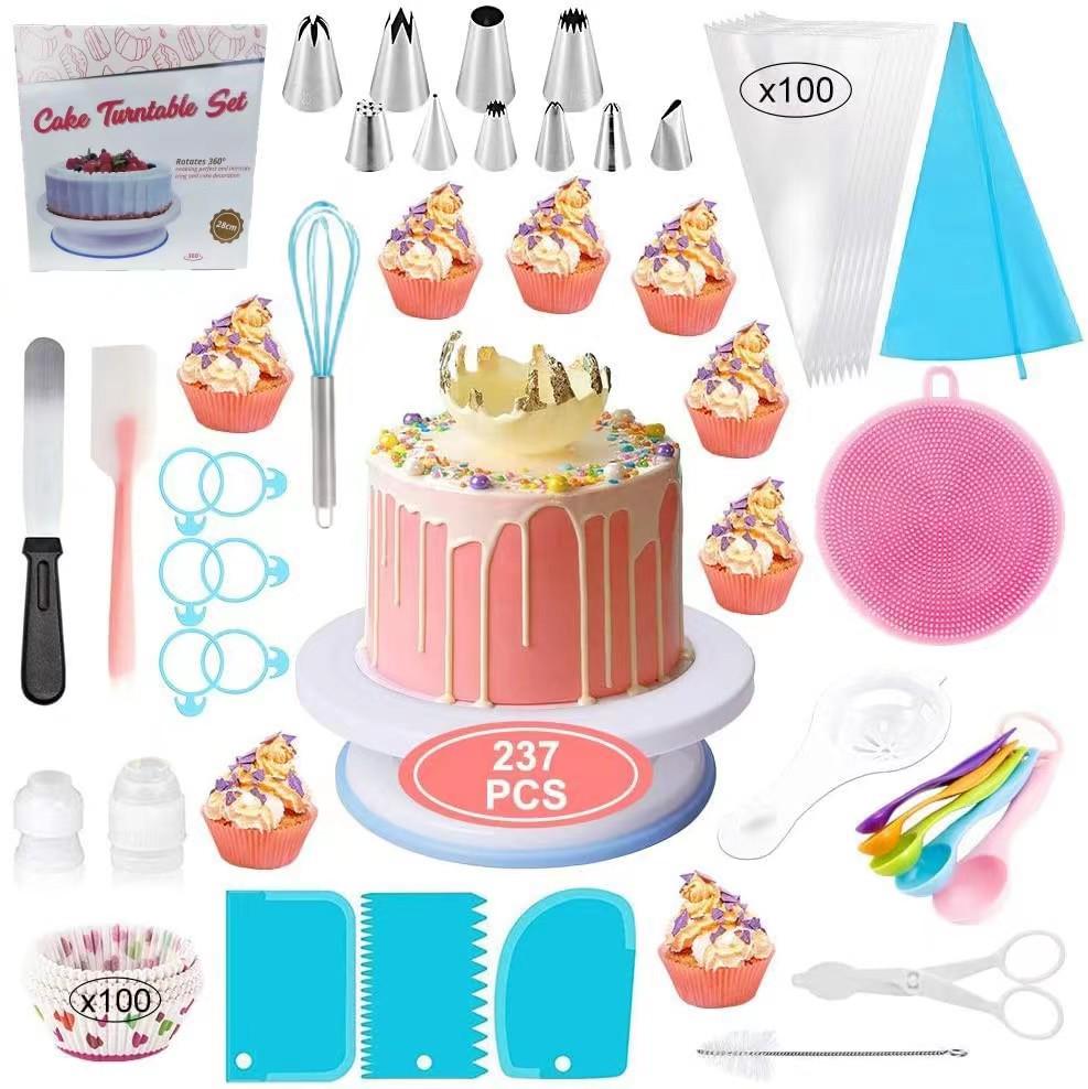220-Piece Cake Decorating Set: Turntable, Piping Bags, Tips, Whisk, Fondant Molds, Cream Scrapers