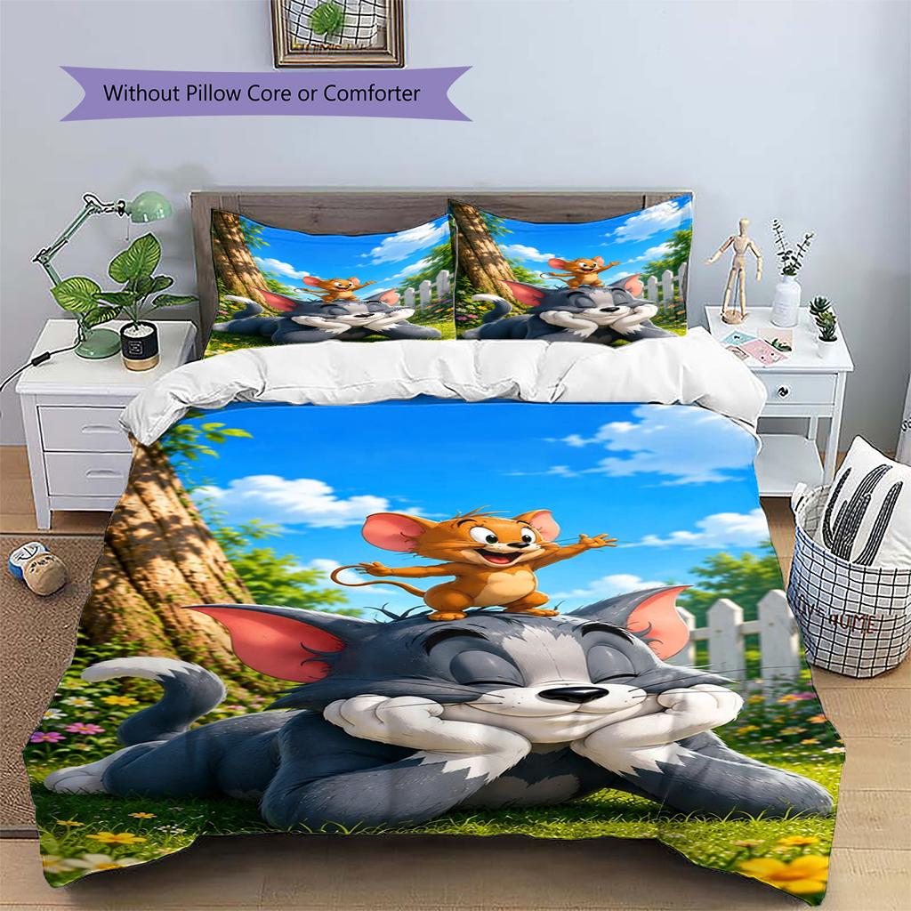 Mouse Cat Cartoon Pattern Bedding Set Quilt Cover Pillowcase Home Decor Gift (1 * Duvet Cover + 2 * Pillowcase, Without Core)
