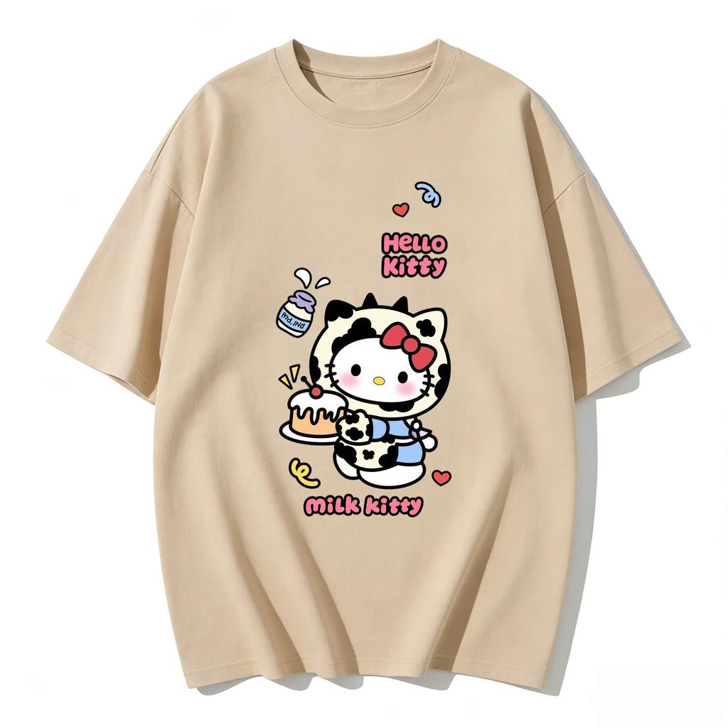 2026 New Summer HelloKitty Cute Graphic Tee Casual Short Sleeve Cotton Top for Women Girls Kawaii Cartoon Print Streetwear
