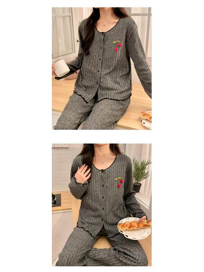 Cherry Cardigan Pajama Set: Women's Drawstring Fleece with Chest Pad - Korean-Style, Long Sleeve, Two-Piece Homewear.