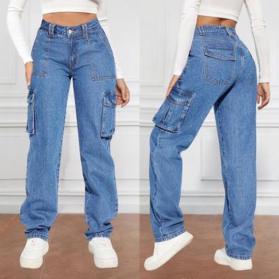 Tide Retro Mid Waist Multi-Pocket Workwear Jeans Damen Lässige Hose mit geradem Bein