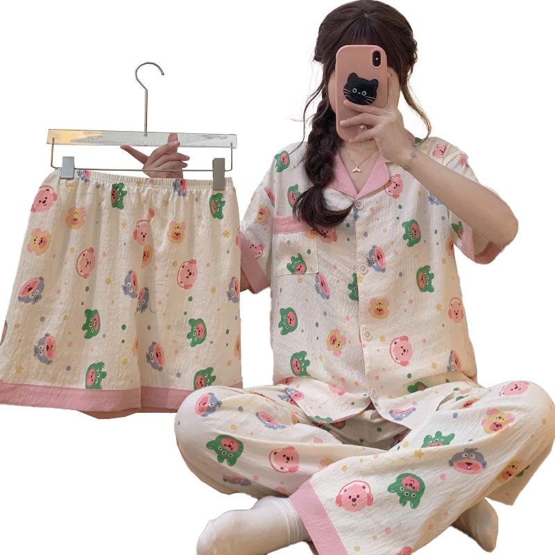 Female Star Style Pajamas Women'S Short-Sleeved Three-Piece Set Cloud Cotton Comfortable Loungewear