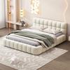 140 x 190 bed met hoofdbord en boxspring, tweepersoonsbed met gestoffeerd vloerbed, 140 x 190 bedframe met lattenbodem, linnen, beige