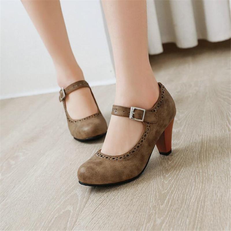 Girls' Shoes Women Pumps Solid Buckle Round Toe Lolita Shoes Square Heel Ankle Strap Shoes Woman High Heel Shoes Plus Size 32-43