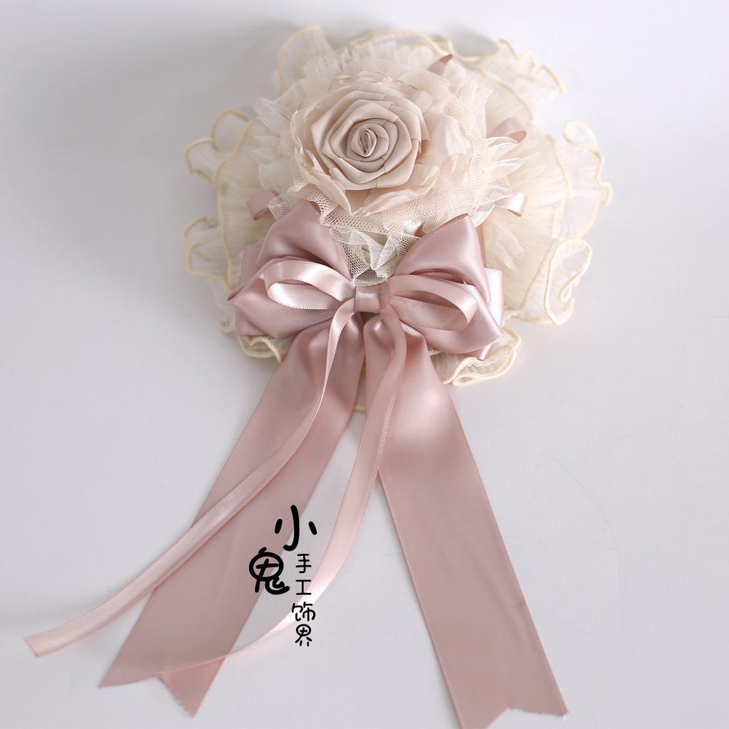 Original Handmade Lolita Hair Accessories Hairpin Flower Ball Bow Lace Champagne Headband Veil