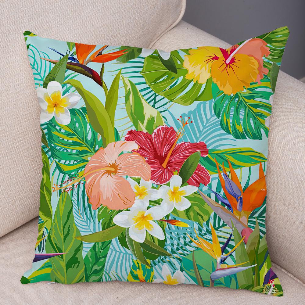 Tropical Floral Cushion Cover Plumeria Hibiscus Flower Print Soft Fabric Living Room Sofa Decor Pillow Case