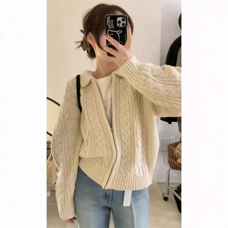 Lapel Twist Zipper Soft Waxy Sweater Jacket Women's Autumn and Winter Retro Thickened Loose Lazy Wind Knitted Cardigan