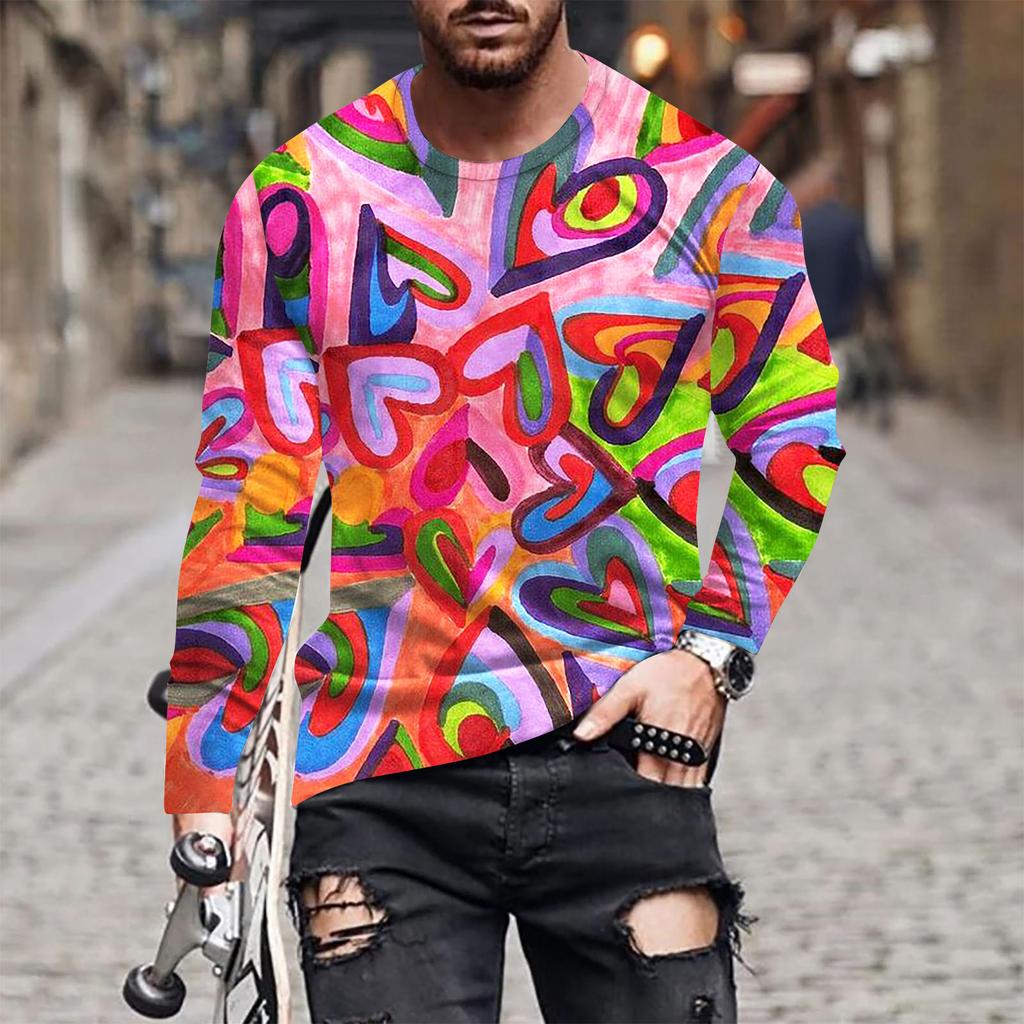 Spring and Autumn Round Neck 3D Love Printed Top Valentine's Day Themed T-shirts Fashionable Casual Long Sleeved Men's T-shirts
