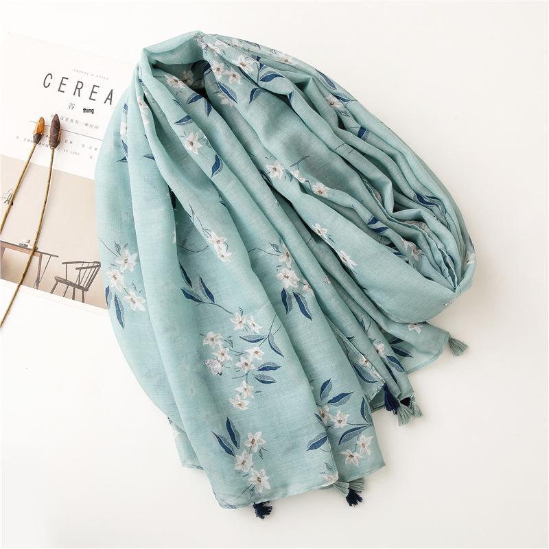 Women's Tassel Scarf: Green Leaf Print, Cotton-Linen Blend, Multi-Functional Shawl for Sun Protection, Spring To Autumn.