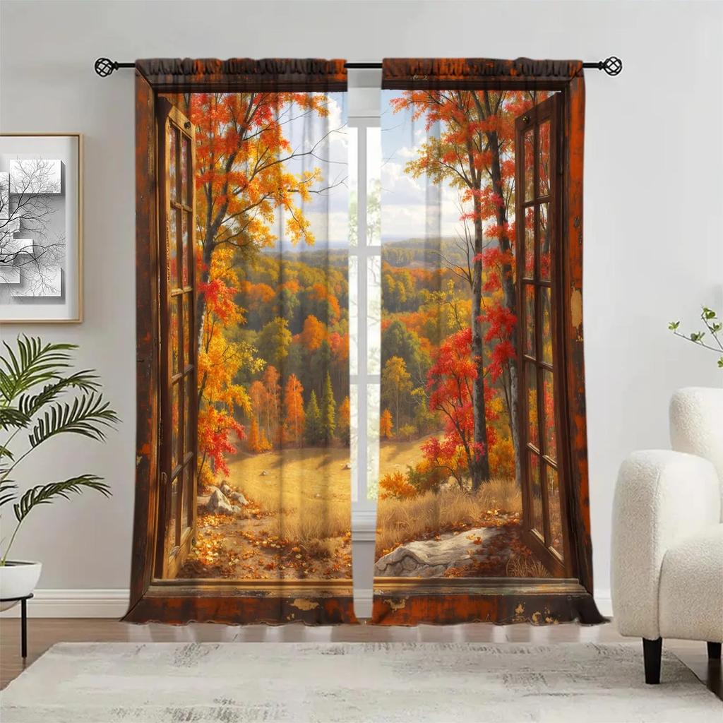 2pcs Autumn Sunshine Forest Red Leaf Scenic Printed Curtains - Artistic Home Decoration Curtains, All Season Decorative Curtains