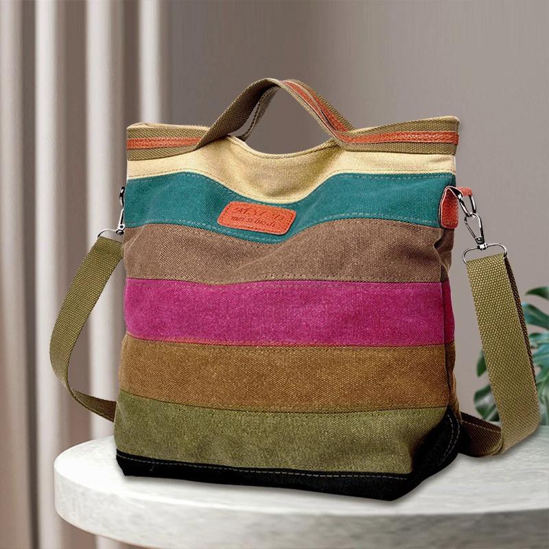 Hot Sell Women's Large Capacity Canvas Handbags Fashion Female Shoulder Bag New Rainbow Stripes Patchwork Crossbody Bag