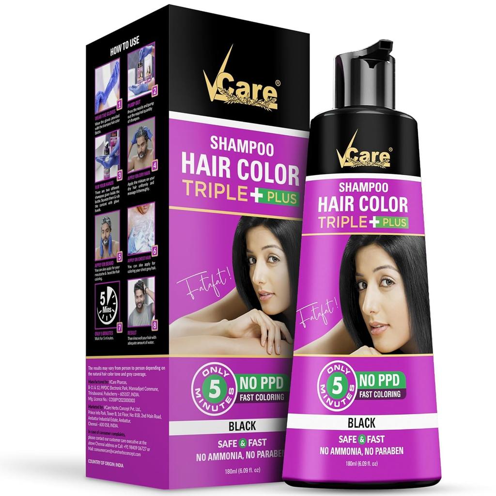 VCare Shampoo Hair Colour Shampoo-Black 180ml for Women and Men |Pump pack with Natural extracts | Colours hair in minutes|Enriched with growth fac