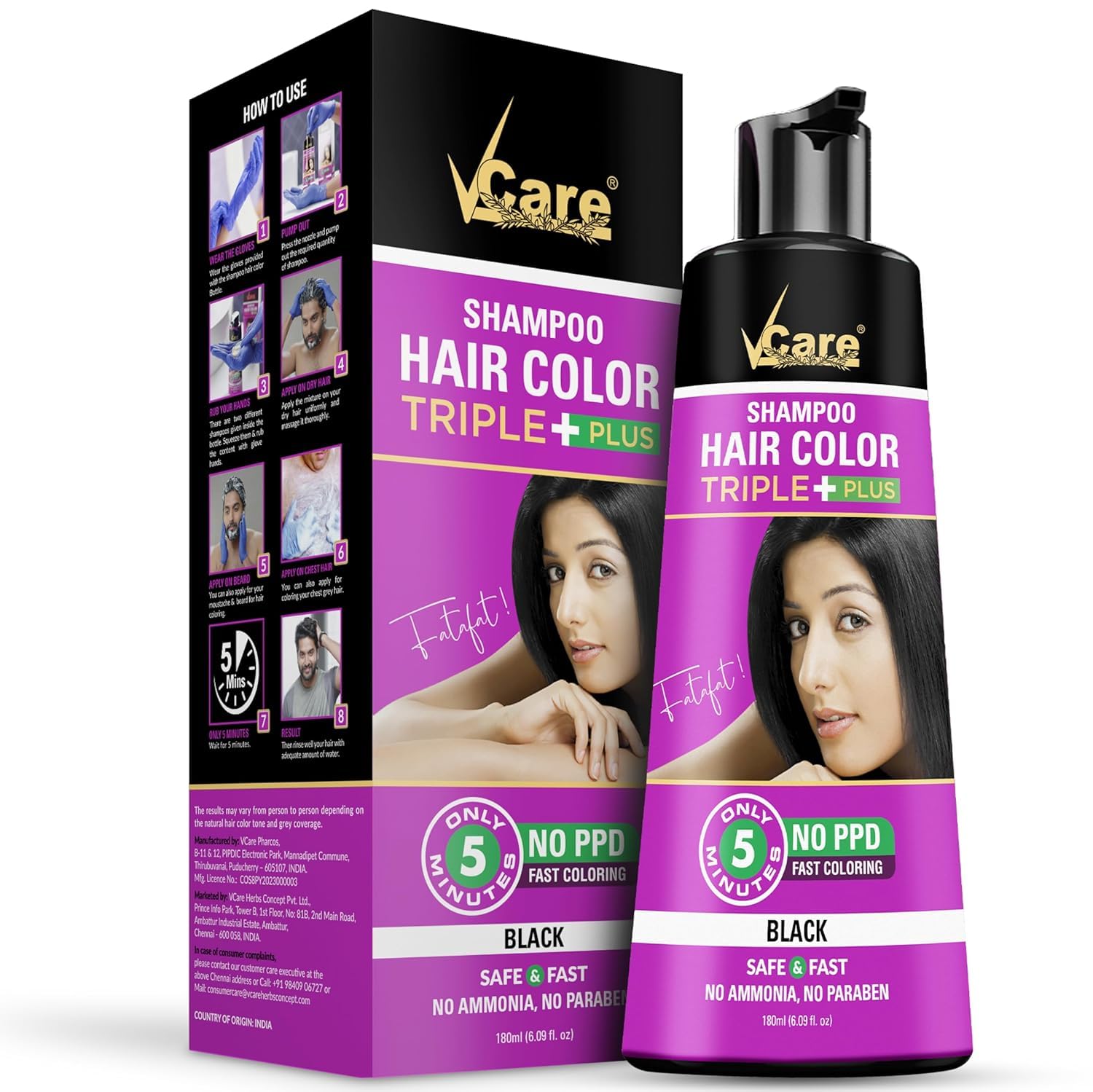 VCare Shampoo Hair Colour Shampoo-Black 180ml