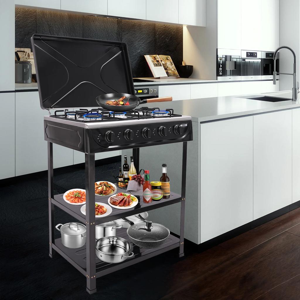Bymaocar Black Gas Stove with 5 Burners, Portable Outdoor Barbecue Stove W/ 2-layer Storage Rack for Camping, Fishing, RV Travel