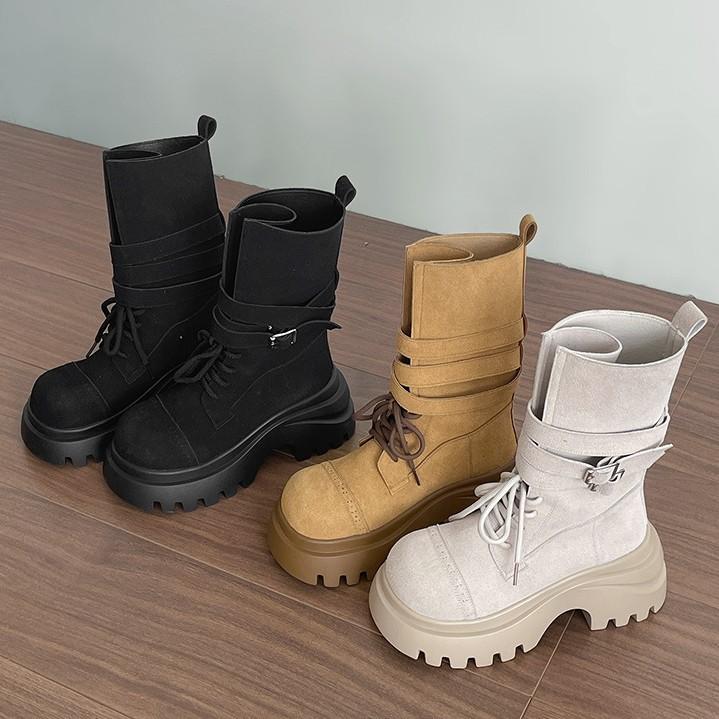 Mid Calf Women Boots Flats Platform Shoes Lace Up Casual Shoes Woman Winter 2025 New Buckle Chelsea Boots Sport Walking Shoes