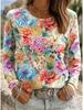 2026 Herbst Neues Damen Langarm Rundhals Lässiges T-Shirt mit Buntem Blumendruck Pflanzenelementen Outdoor Chic Top