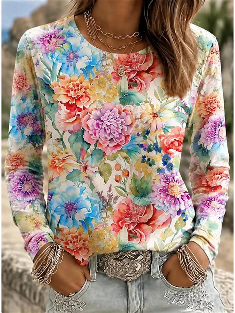 2026 Herbst Neues Damen Langarm Rundhals Lässiges T-Shirt mit Buntem Blumendruck Pflanzenelementen Outdoor Chic Top