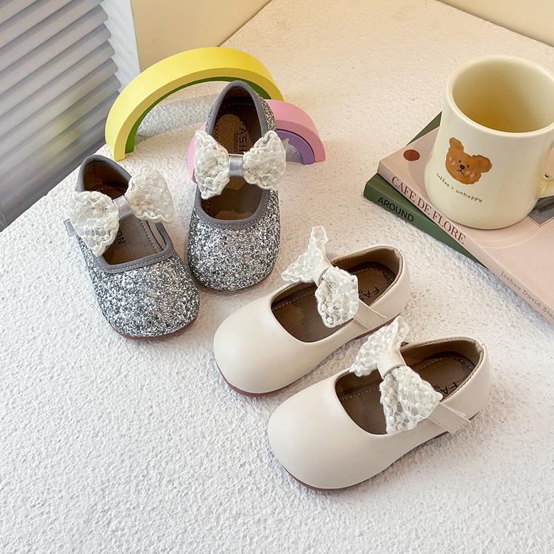 Girls Flat Shoes Mesh Lace Bows Kids Princess Shoes Round Toes Sweet Ins Trendy 2025 New Girls Leather Shoes Pu Elegant Shiny