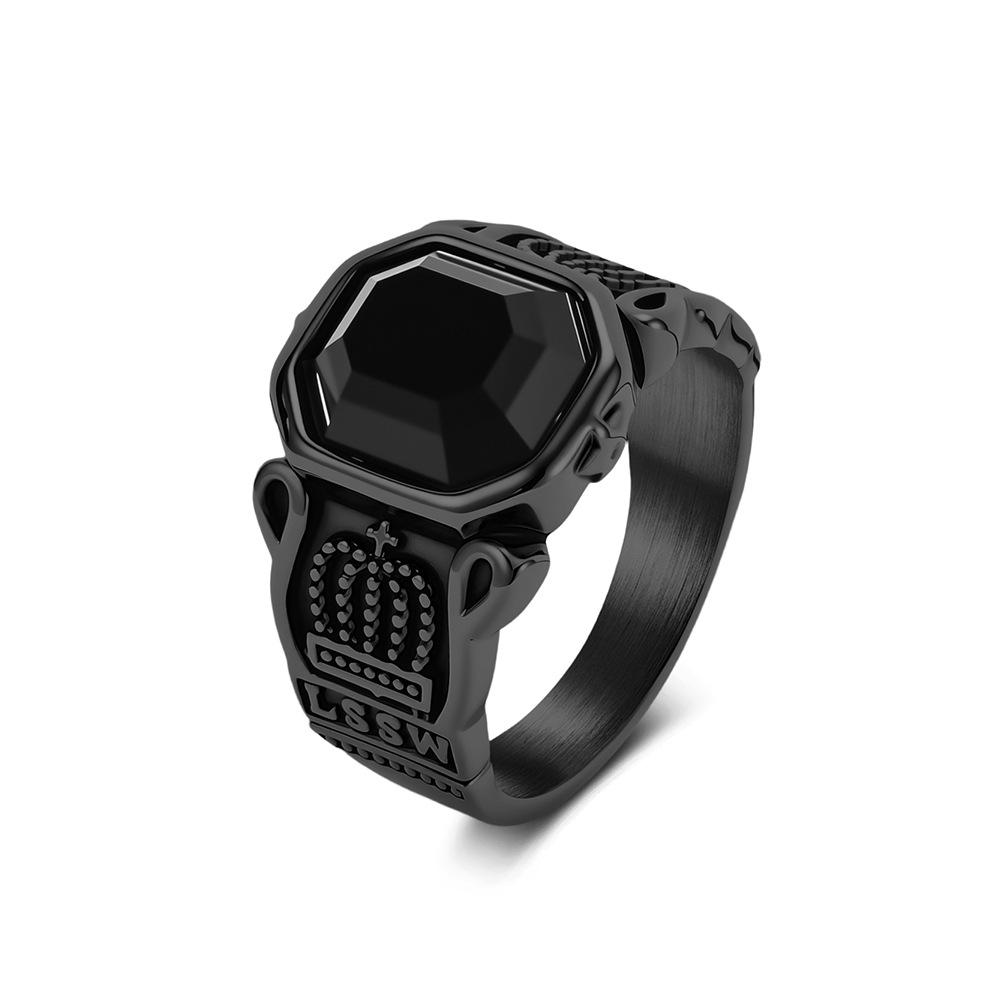 European and American Trend Jewelry Titanium Steel Black Gemstone Crown Ring Niche Literary and Retro High-end Trendy Men's Jewelry