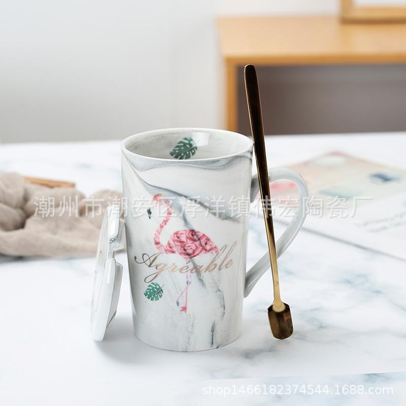 Flamingo With Lid Spoon Marble Pattern Ceramic Water Cup Couple High Value Creative Coffee Cup