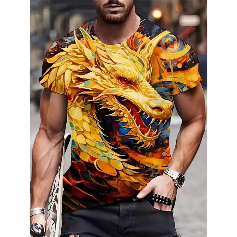 Tricou bărbătesc cu imprimeu de dragon în amestec de bumbac - Guler rotund elegant, confortabil și respirabil, pentru ținute casual de vară, de zi cu zi - Promoție