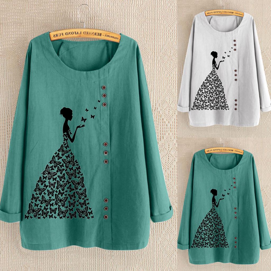 

Plus Size Women Long Sleeve Cotton Linen Floral Print Blouse Top T-Shirt