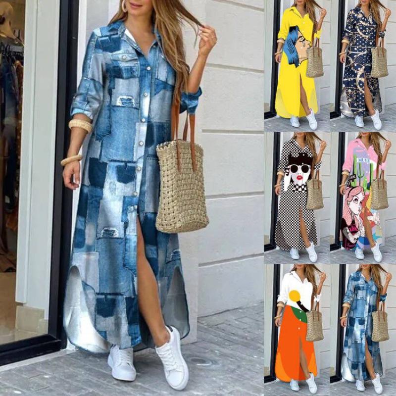 Women's Printed Maxi Shirt Dress Long Sleeve Turn Down Collar Loose Casual Dress