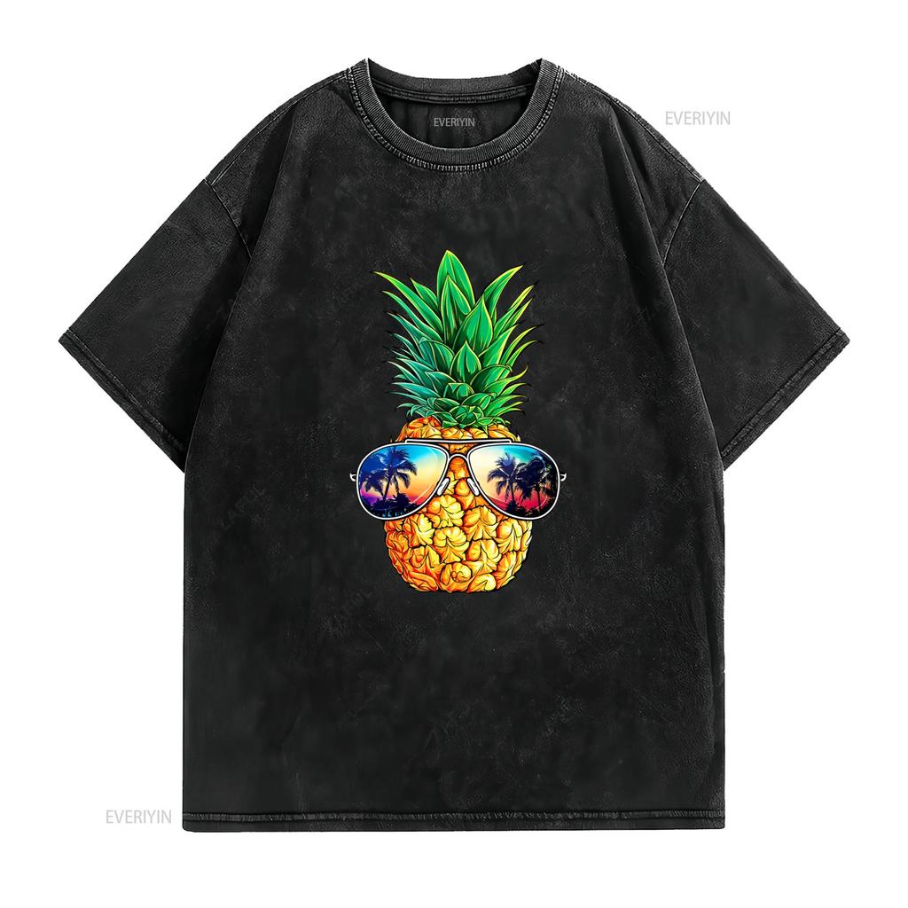 Fashion Pineapple Sunglasses T Shirt Aloha Beaches Hawaii Hawaiian Black Vintage Washed Streetwear Fashion Soft Casual Slightly