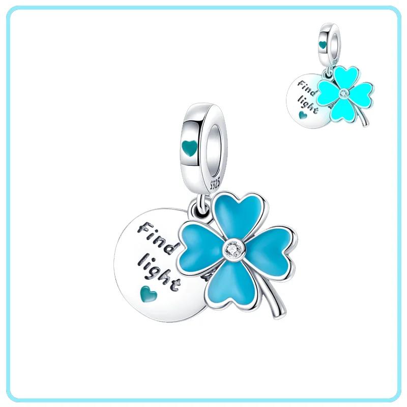 Authentic Copper Green Four-Leaf Clover Pink Design Pendant Fit Original Bracelet Jewelry Charm Bead Set Necklace Diy Female Jewelry