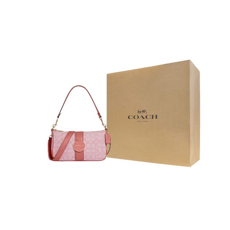 Coach Lonnie 25 Classic Monogram Print Chambray Light Color Fabric And Leather Shoulder Bag Women Shoulder Bag Light-Blue Pink Rose C8306-IMRRJ