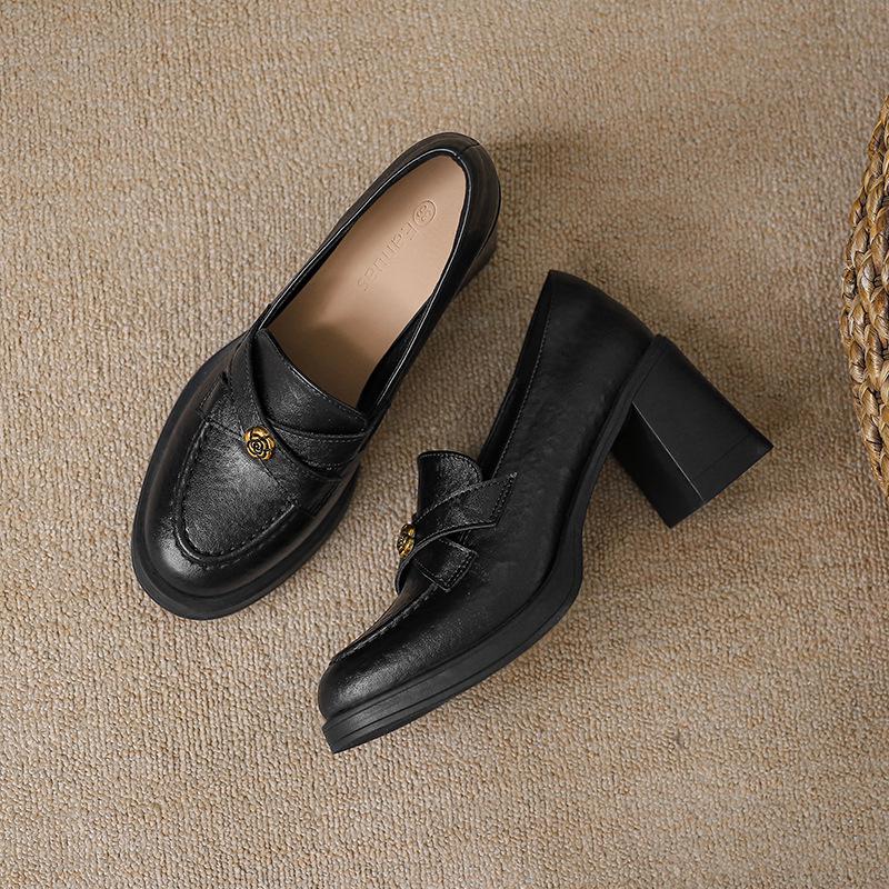 Sheepskin 7.5cm Heel Retro Camellia Loafers: Chunky Heel Black Leather Slip-On Shoes